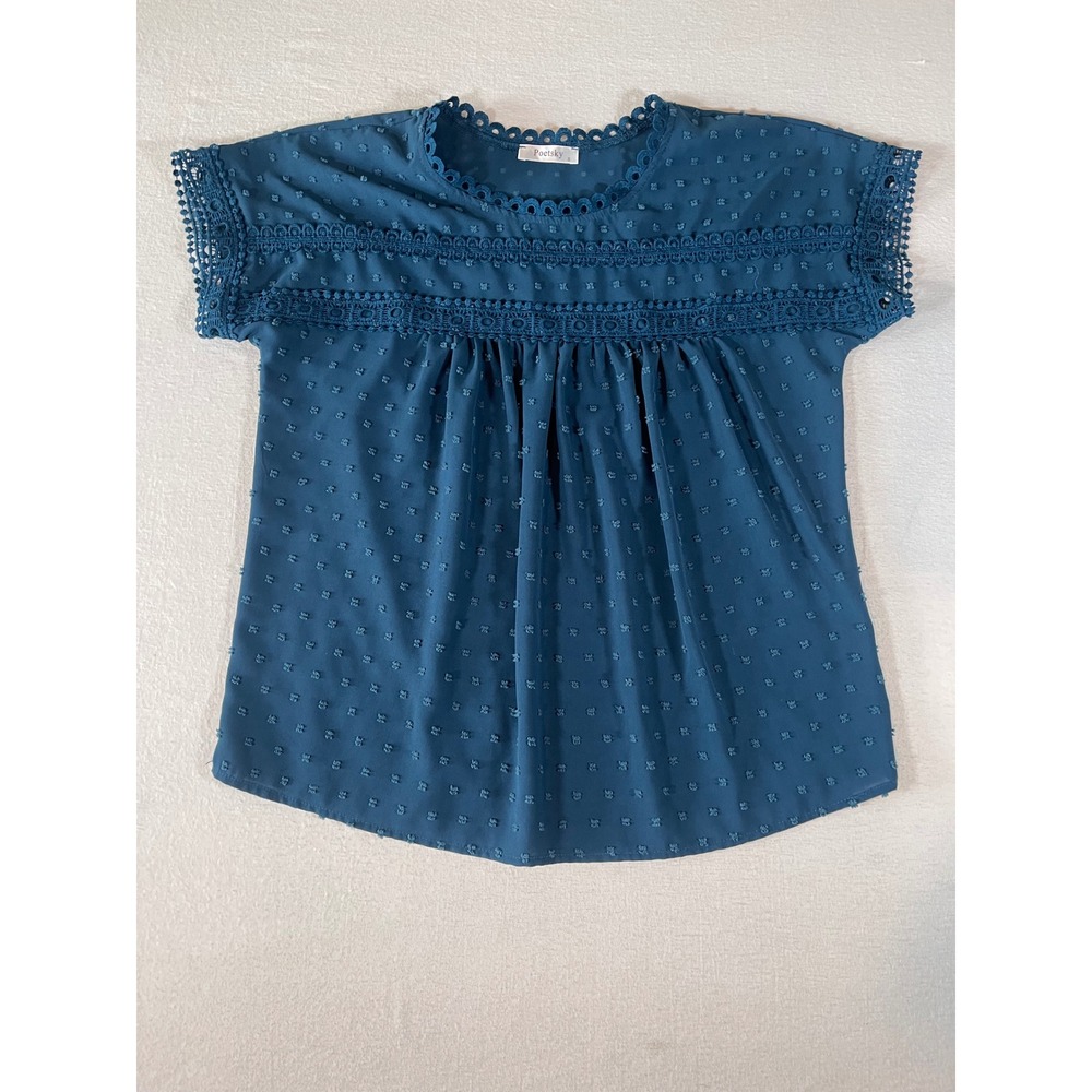 Poetsky Womens Teal Blue Swiss Dot Crochet Lace Trim Short Sleeve Blouse Small